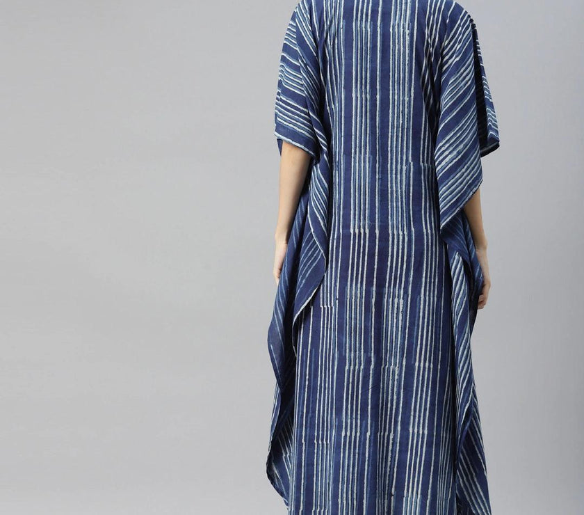 Divena Blue Hand Block Printed Striped Kaftan Dress - divena world