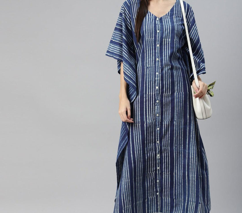 Divena Blue Hand Block Printed Striped Kaftan Dress - divena world