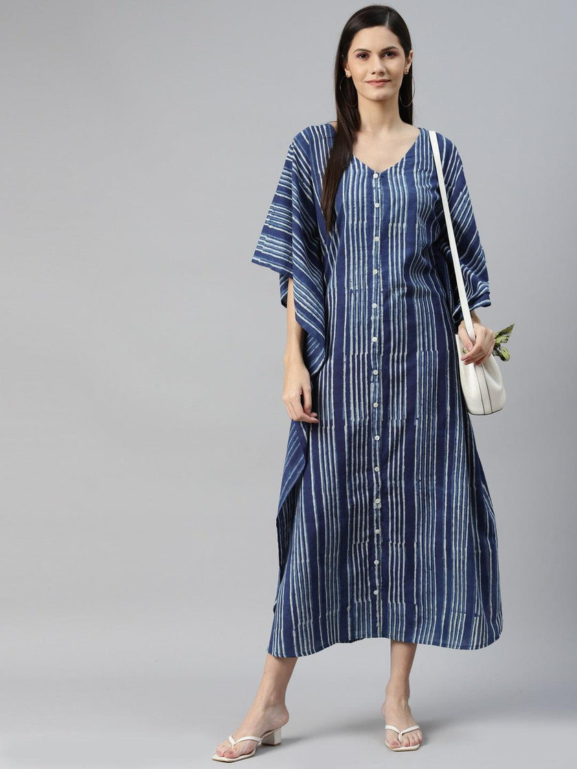 Divena Blue Hand Block Printed Striped Kaftan Dress - divena world