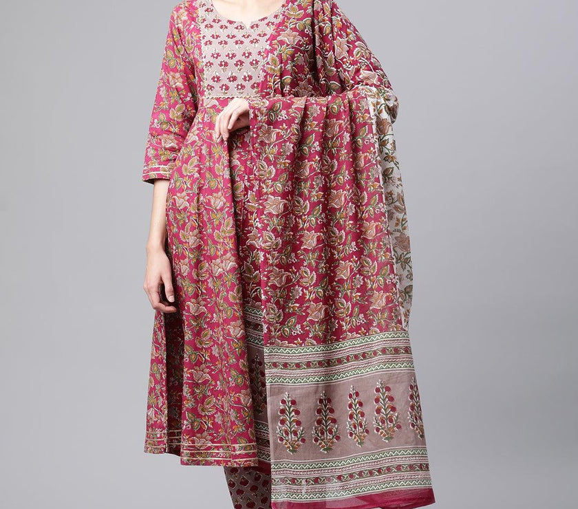 Divena Purple Cotton Anarkali Kurta Pant Set with Dupatta - divenaworld.com