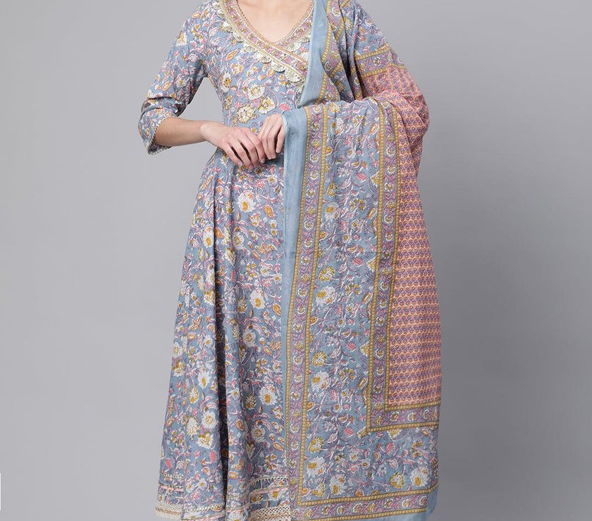 Divena Cotton Floral printed Anarkali kurta Pant set With Dupatta - divenaworld.com