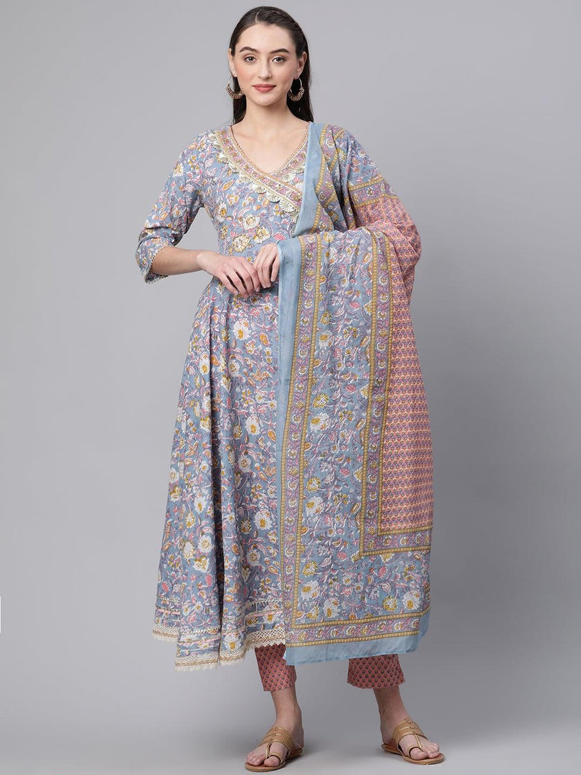 Divena Cotton Floral printed Anarkali kurta Pant set With Dupatta - divenaworld.com