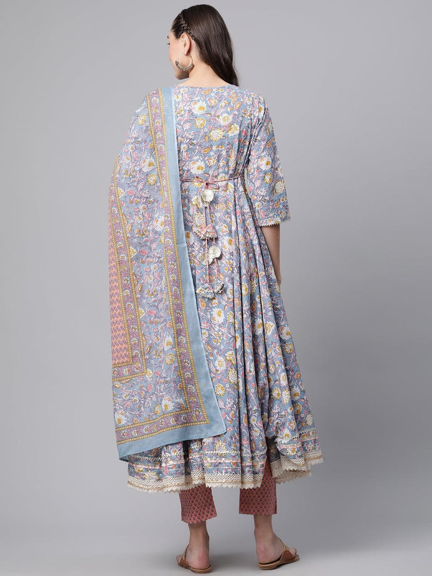 Divena Cotton Floral printed Anarkali kurta Pant set With Dupatta - divenaworld.com