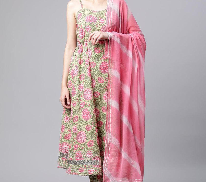 Divena Green Floral Printed Anarkali Kurta Pant Set with Dupatta - divenaworld.com