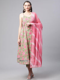 Divena Green Floral Printed Anarkali Kurta Pant Set with Dupatta - divenaworld.com