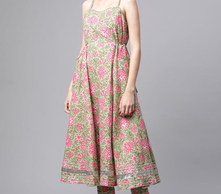 Divena Green Floral Printed Anarkali Kurta Pant Set with Dupatta - divenaworld.com