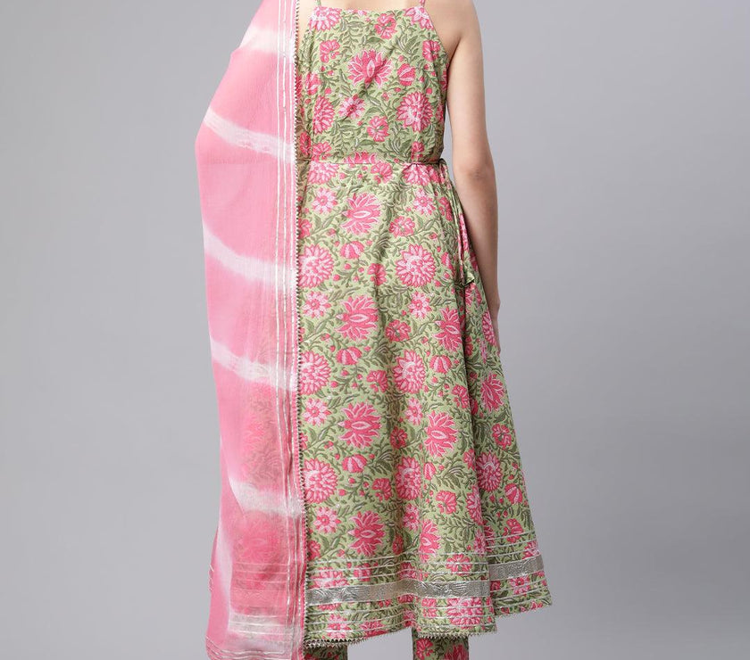 Divena Green Floral Printed Anarkali Kurta Pant Set with Dupatta - divenaworld.com