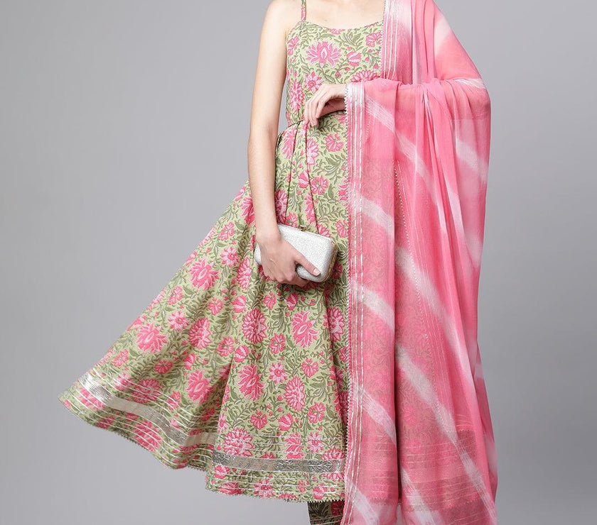 Divena Green Floral Printed Anarkali Kurta Pant Set with Dupatta - divenaworld.com