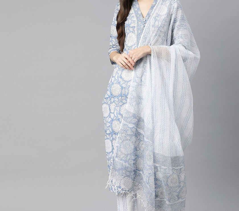 Divena Sky blue Hand Block Printed Straight kurta Pant Set with Dupatta - divena world