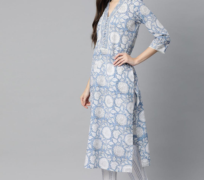 Divena Sky blue Hand Block Printed Straight kurta Pant Set with Dupatta - divena world