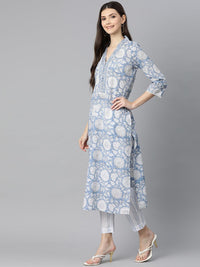 Divena Sky blue Hand Block Printed Straight kurta Pant Set with Dupatta - divena world