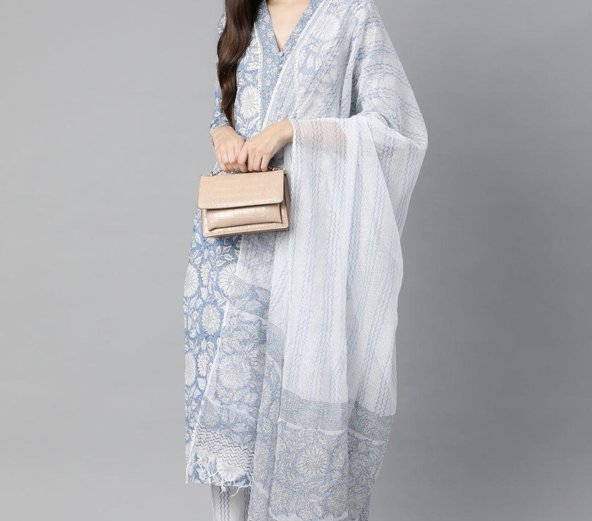 Divena Sky blue Hand Block Printed Straight kurta Pant Set with Dupatta - divena world