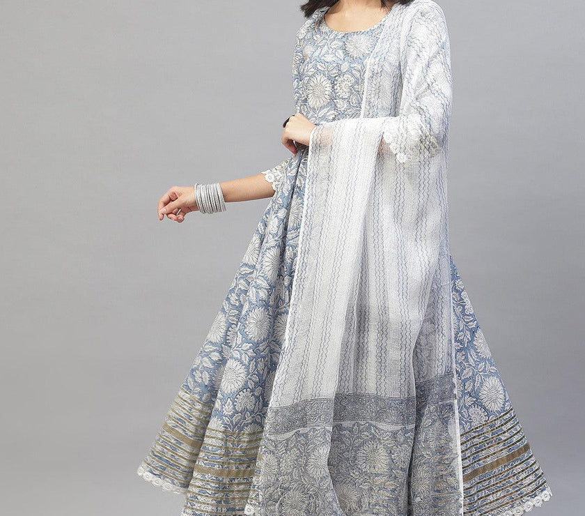 Divena Sky blue Hand Block Printed Anarkali kurta Pant Set with Dupatta - divena world