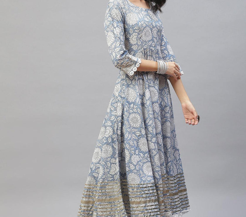 Divena Sky blue Hand Block Printed Anarkali kurta Pant Set with Dupatta - divena world