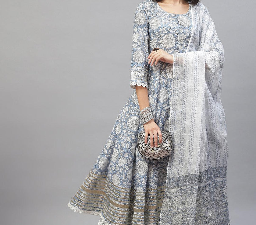 Divena Sky blue Hand Block Printed Anarkali kurta Pant Set with Dupatta - divena world