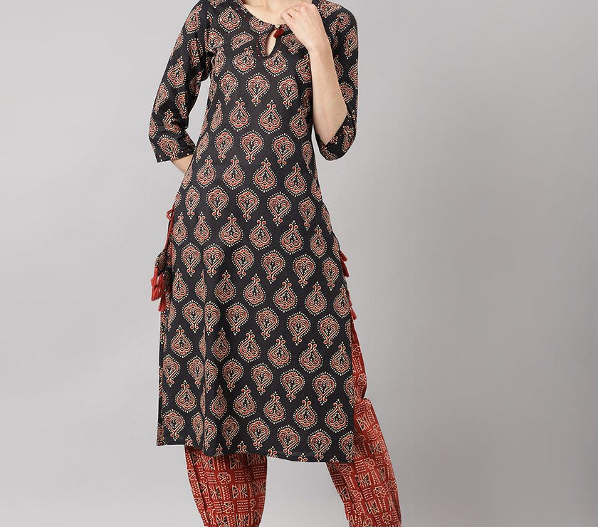 Divena Black and Red Cotton Buti Printed Kurta with hem Cuffed pant set - divena world