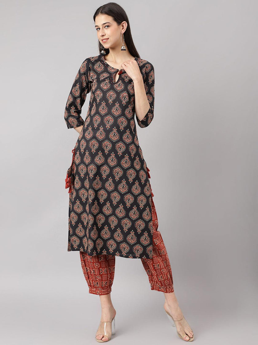 Divena Black and Red Cotton Buti Printed Kurta with hem Cuffed pant set - divena world