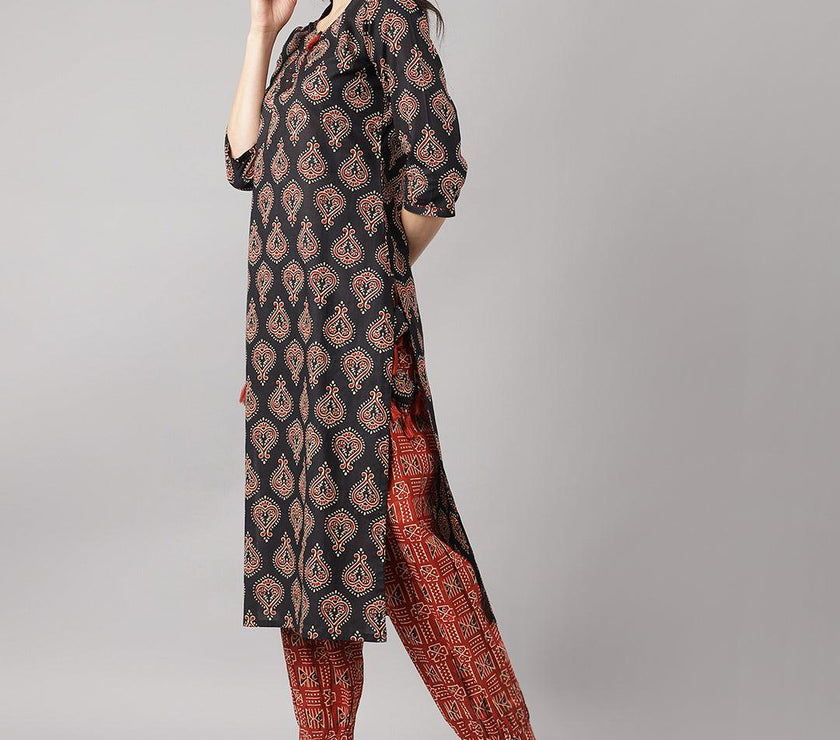 Divena Black and Red Cotton Buti Printed Kurta with hem Cuffed pant set - divena world