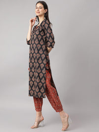 Divena Black and Red Cotton Buti Printed Kurta with hem Cuffed pant set - divena world