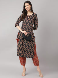 Divena Black and Red Cotton Buti Printed Kurta with hem Cuffed pant set - divena world