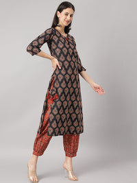 Divena Black and Red Cotton Buti Printed Kurta with hem Cuffed pant set - divena world