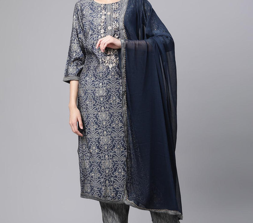 Divena Blue Bandhani Print Chanderi Kurta pant set With Dupatta - divenaworld.com