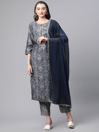 Divena Blue Bandhani Print Chanderi Kurta pant set With Dupatta - divenaworld.com