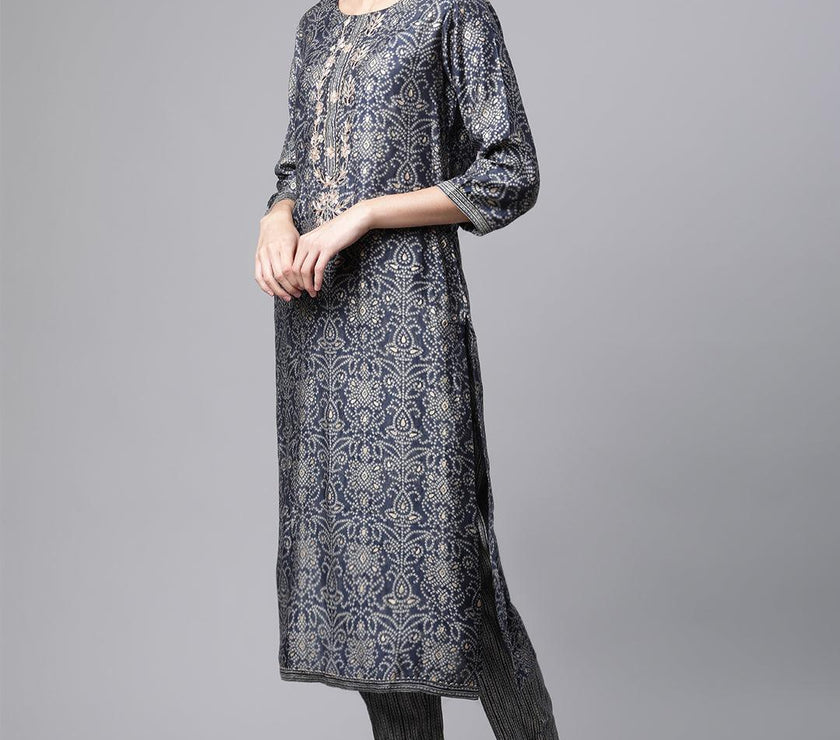 Divena Blue Bandhani Print Chanderi Kurta pant set With Dupatta - divenaworld.com