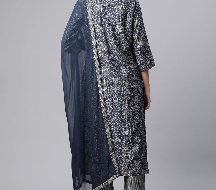 Divena Blue Bandhani Print Chanderi Kurta pant set With Dupatta - divenaworld.com