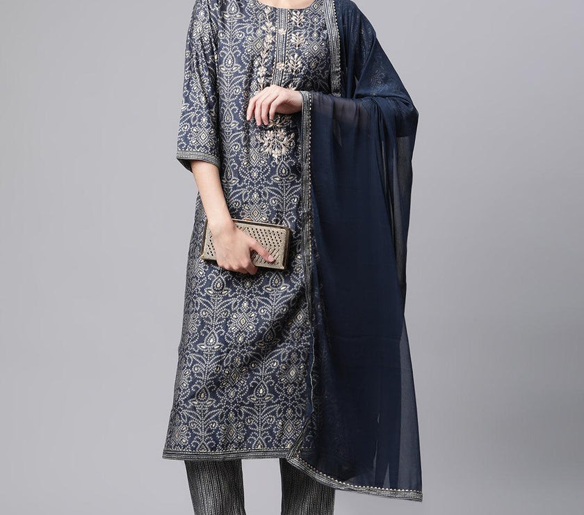 Divena Blue Bandhani Print Chanderi Kurta pant set With Dupatta - divenaworld.com