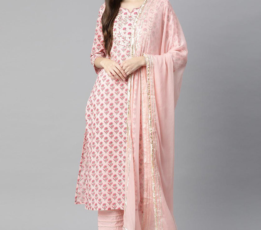 Divena Pink Cotton Straight Kurta Pant Set With Dupatta - divena world