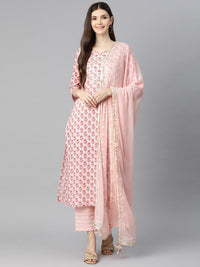 Divena Pink Cotton Straight Kurta Pant Set With Dupatta - divena world