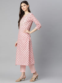 Divena Pink Cotton Straight Kurta Pant Set With Dupatta - divena world