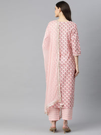 Divena Pink Cotton Straight Kurta Pant Set With Dupatta - divena world