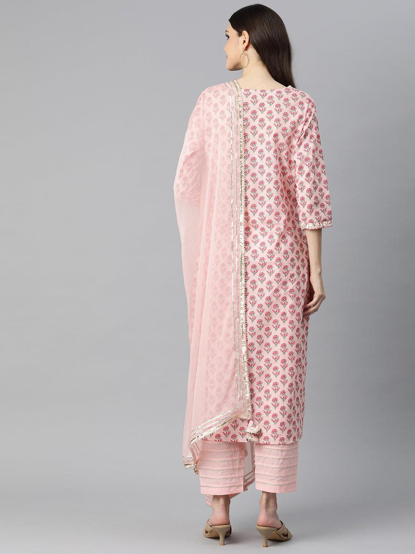 Divena Pink Cotton Straight Kurta Pant Set With Dupatta - divena world