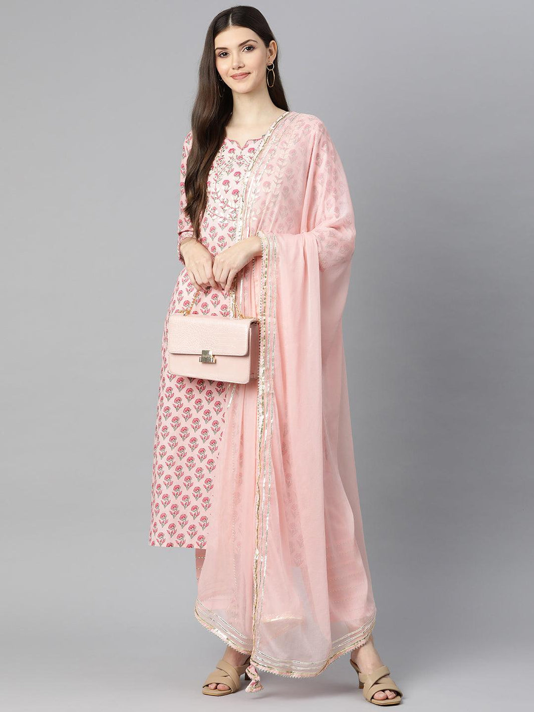 Divena Pink Cotton Straight Kurta Pant Set With Dupatta - divena world