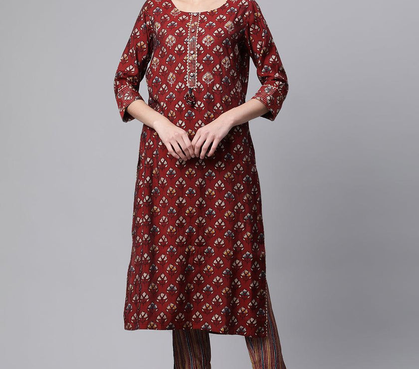 Divena Maroon Chanderi Kurta pant set - divenaworld.com