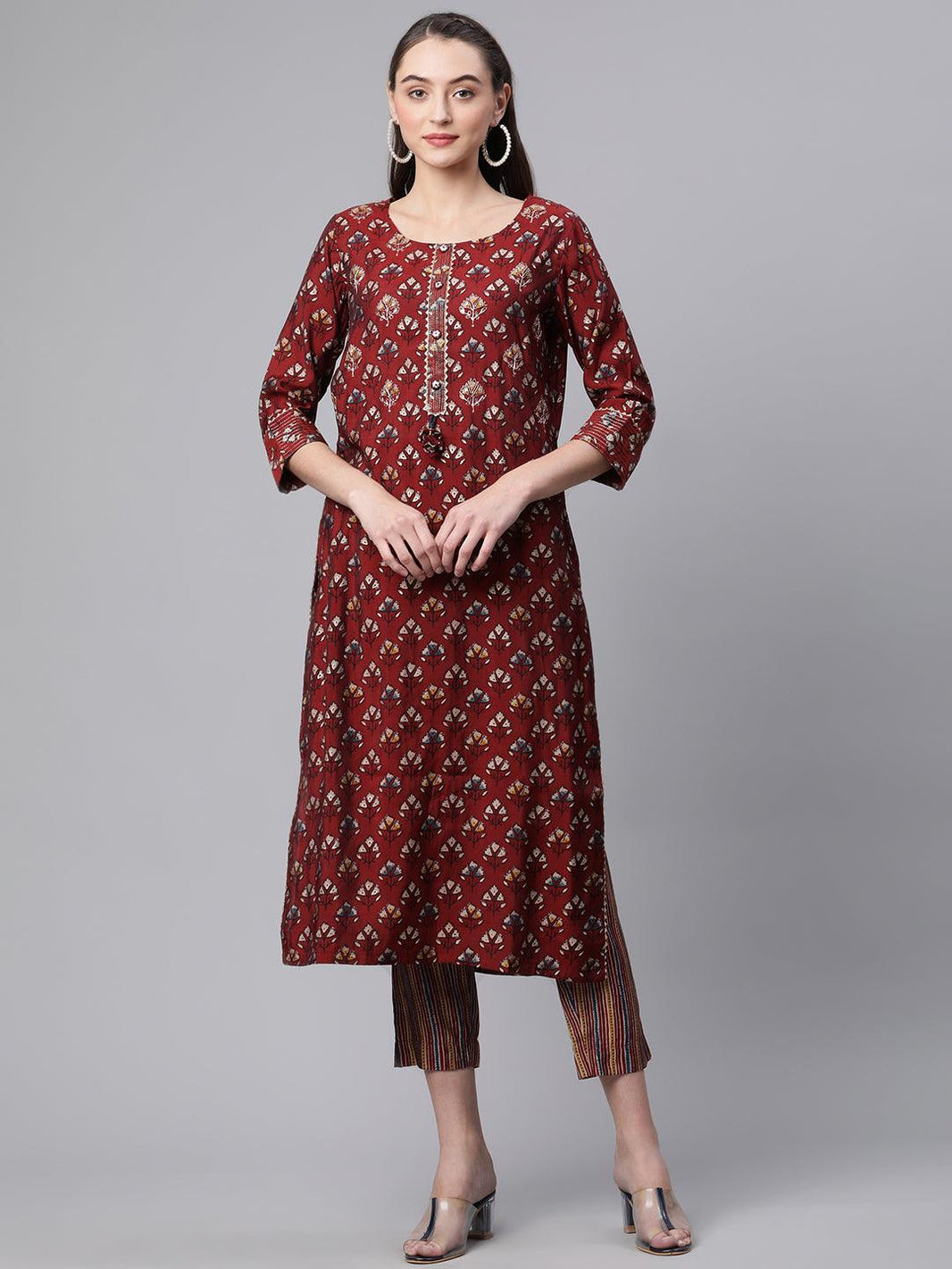 Divena Maroon Chanderi Kurta pant set - divenaworld.com