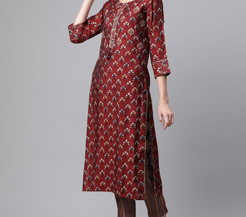 Divena Maroon Chanderi Kurta pant set - divenaworld.com