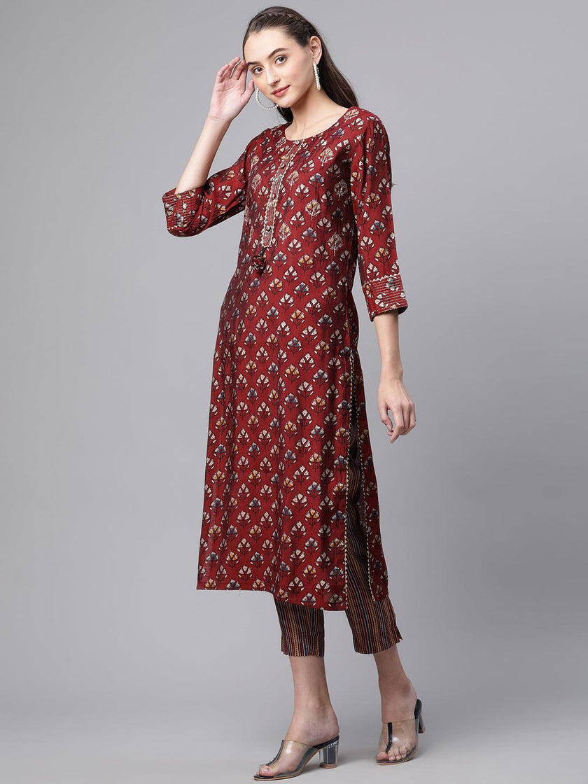 Divena Maroon Chanderi Kurta pant set - divenaworld.com