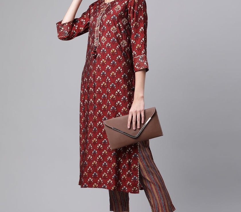 Divena Maroon Chanderi Kurta pant set - divenaworld.com