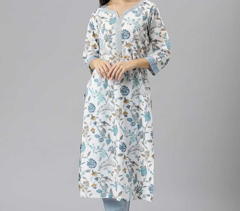 Divena Women White Floral Printed Pure Cotton Kurta with Trousers