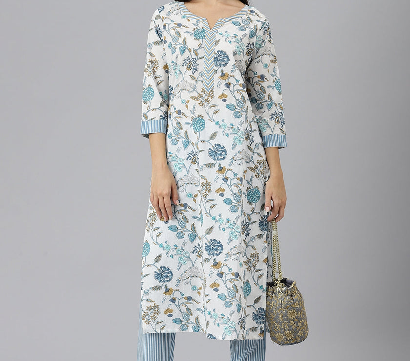 Divena Women White Floral Printed Pure Cotton Kurta with Trousers