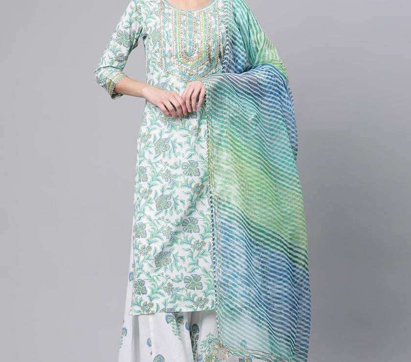 Divena White Floral Printed Kurta Palazzo set with Dupatta - divenaworld.com