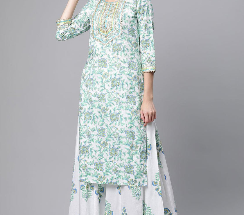 Divena White Floral Printed Kurta Palazzo set with Dupatta - divenaworld.com