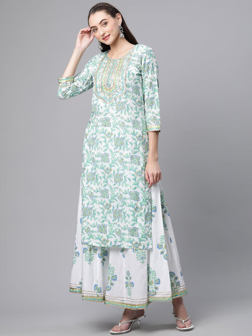 Divena White Floral Printed Kurta Palazzo set with Dupatta - divenaworld.com