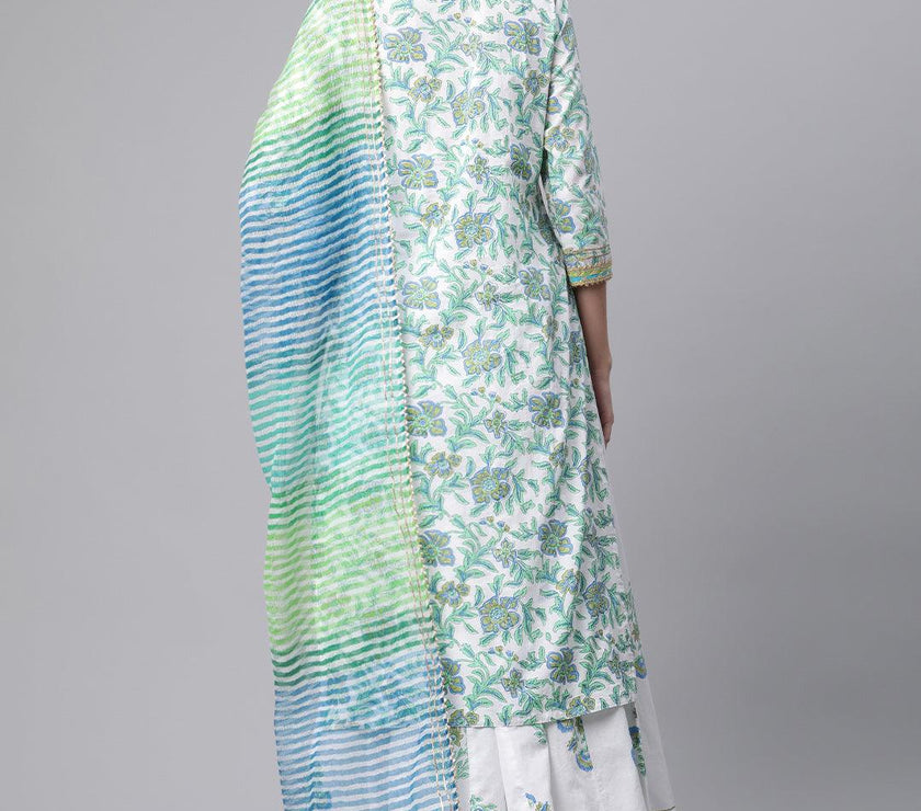 Divena White Floral Printed Kurta Palazzo set with Dupatta - divenaworld.com