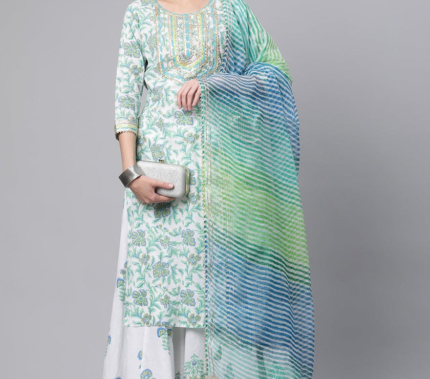 Divena White Floral Printed Kurta Palazzo set with Dupatta - divenaworld.com