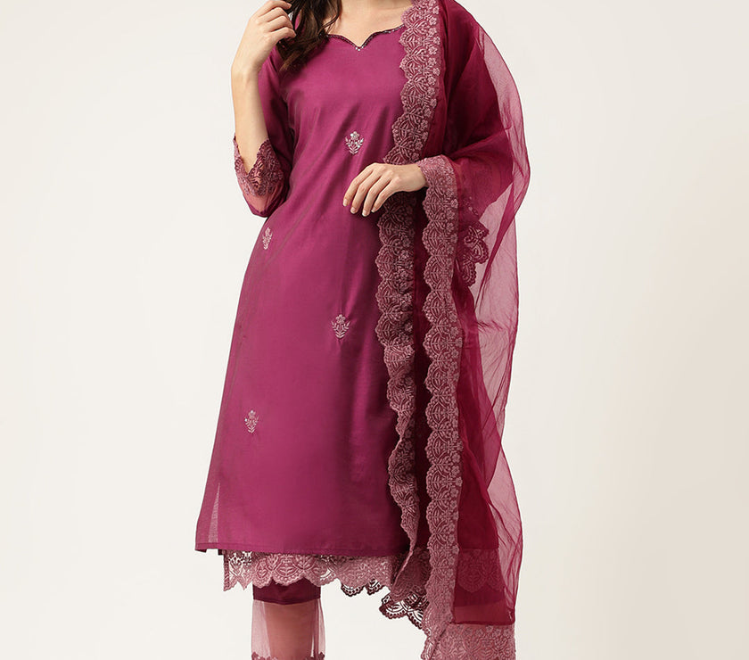 Divena Solid Purple Chanderi Embroidered Kurta with Inner Trouser Inner & Dupatta Set