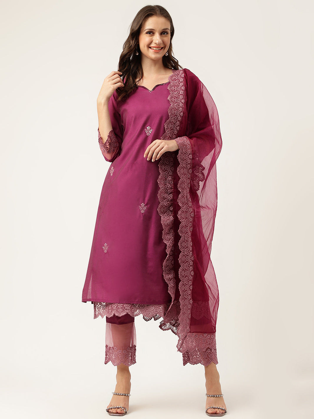 Divena Solid Purple Chanderi Embroidered Kurta with Inner Trouser Inner & Dupatta Set